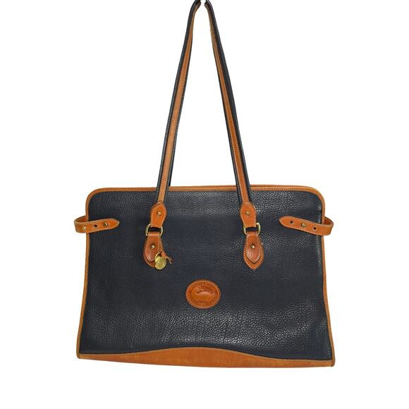 Vintage Dooney & Bourke AWL Navy Brown Leather Tote Shoulder Bag Pre Owned - Picture 1 of 11